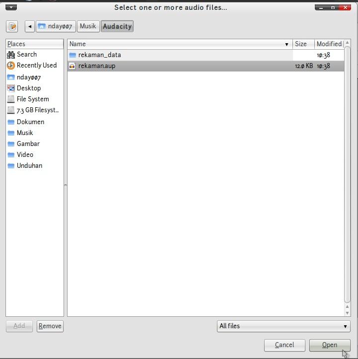 BAB I Pengenalan Audacity Gambar 1.15 Menu File Open 2. Maka akan muncul Jendela untuk memilih file audia yang akan dipillih. Gambar 1.16 Pilih File 3. Tekan tombol Open 4.