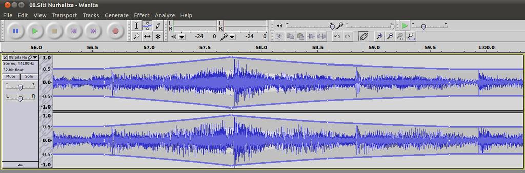 BAB II Menggunakan Editing Tools Gambar 2.4 Hasil Penggunaan Envelope Tool 2.4. Draw Tool Draw tool digunakan untuk memodifikasi volume suara tepat pada satu titik sampel.