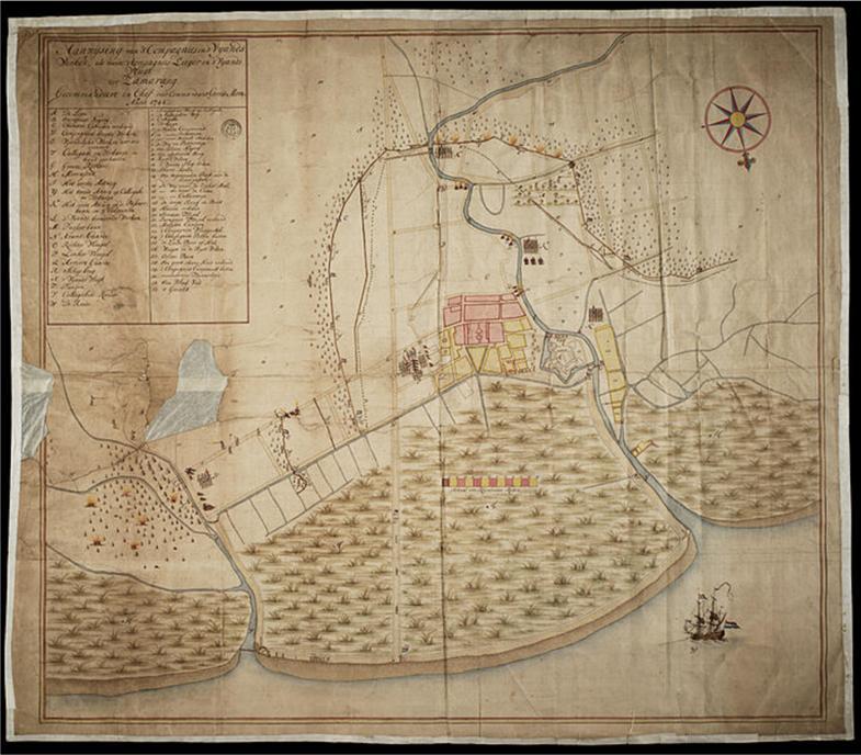 28 Geger Pacinan (Perang Sepanjang) Peta yang memperlihatkan suatu situasi di Semarang. Sebuah benteng (tengah) dikepung oleh pasukan Cina dan Jawa.