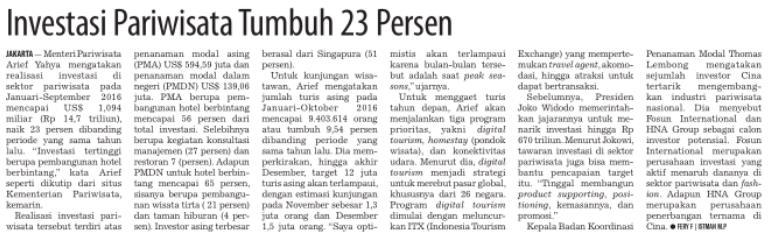 Judul Investasi Pariwisata Tumbuh 23 persen Tanggal Media Koran Tempo (Halaman, 19) Resume Menteri