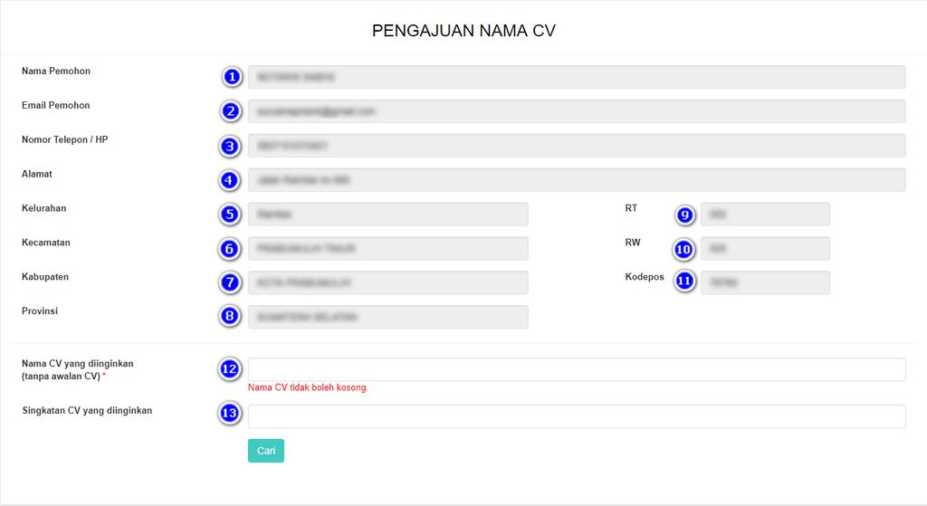 4. Setelah itu akan muncul menu Daftar Pengajuan Nama CV dan Pengajuan Nama CV, lalu pilih menu Pengajuan Nama CV Gambar 15