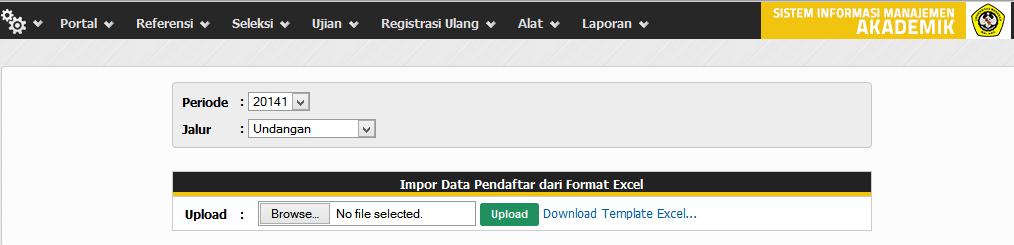 Gambar 10.1 Tampilan Import Data Pendaftar 2. Pilih periode dan jalur yang akan di import data pendaftarnya, misal : 20141,Undangan. 3.