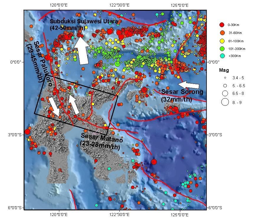 Gambar IV-1. Struktur geologi regional di Pulau Sulawesi dan lokasi studi penelitian yang ditunjukkan oleh kotak hitam. Kompilasi hasil penelitian geodesi deformasi di Sulawesi.