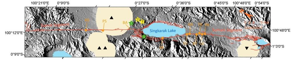 Bintang 1 dan 2 adalah kejadian gempa bumi yang pertama dan kedua berdasarkan USGS (hijau) dan BMKG (kuning).