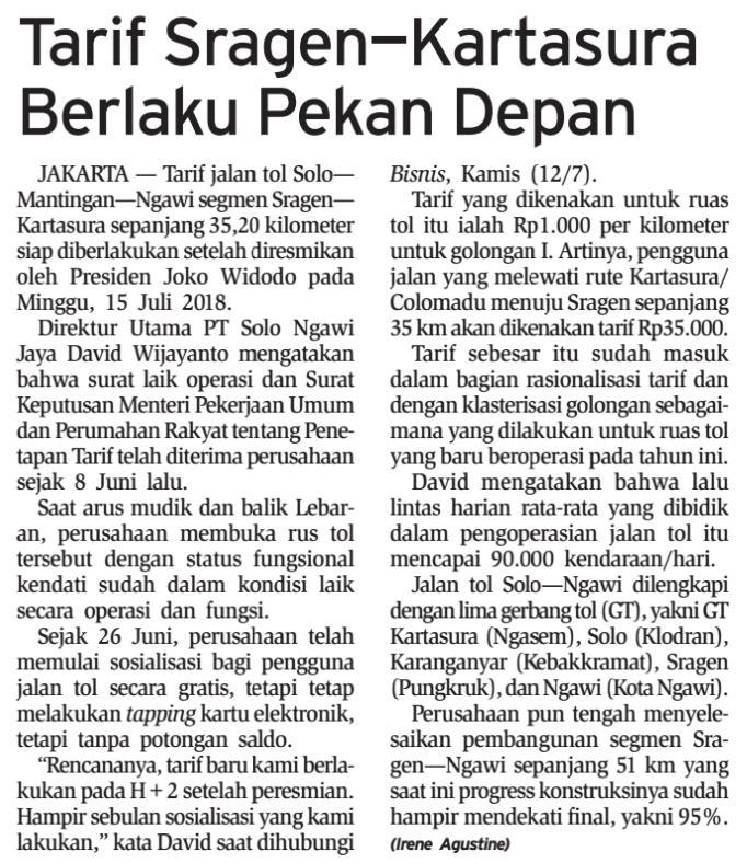 Judul Tarif Sragen Kartasura Berlaku Pekan Depan Tanggal Media Bisnis Indonesia (Halaman, 7) Tarif jalan tol Solo Mantingan Ngawi