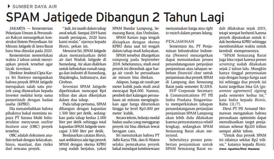 Judul SPAM Jatigede Dibangun 2 Tahun Lagi Tanggal Media Bisnis Indonesia (Halaman,7) Kementerian PUPR