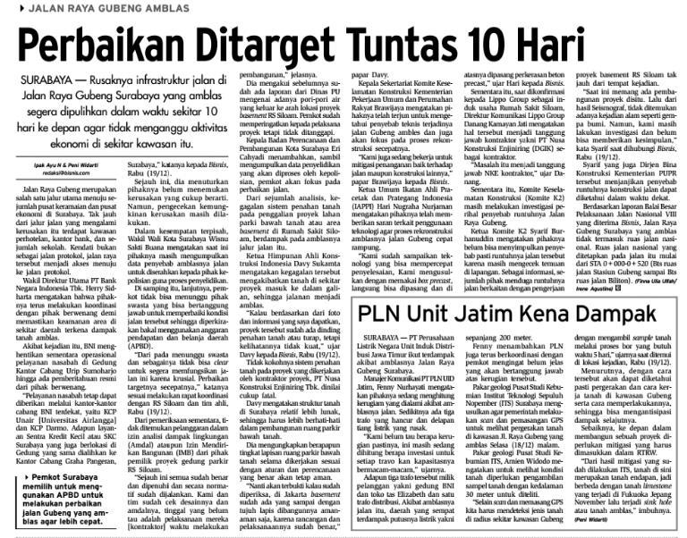 Perbaikan Ditarget Tuntas 10 Hari Tanggal Media Bisnis Indonesia (halaman 9) Rusaknya infrastruktur jalan di Jalan Raya Gubeng Surabaya