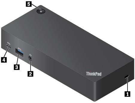 http://www.lenovo.com/support/docks Ikhtisar ThinkPad USB C Dock 1 Slot kunci pengaman: Untuk melindungi dok dari pencurian, kunci dok ke meja atau objek non-permanen yang tidak bergerak lainnya.