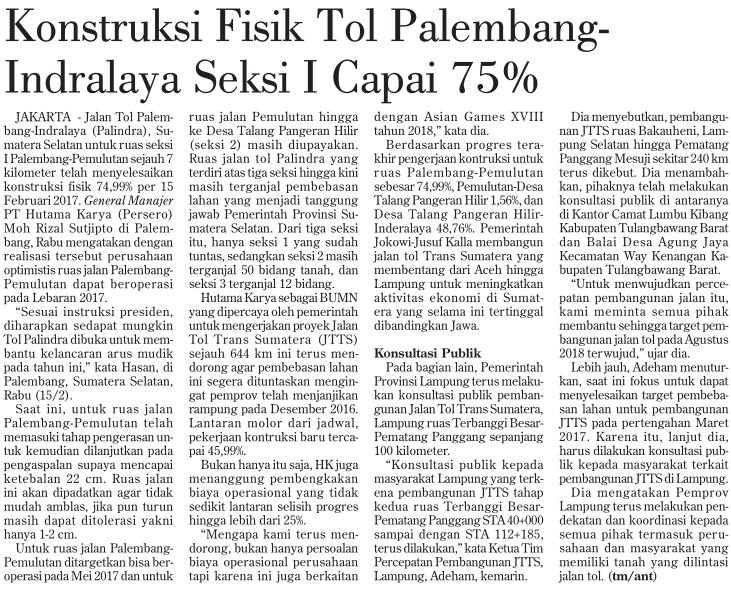 Konstruksi Fisik Tol Palembang- Indralaya Seksi I Capai 75% Media Investor Daily (Halaman, 6) Resume