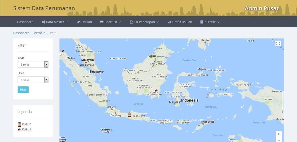 Gambar 2.25 Grafik profil berdasarkan daerah PETA Sebaran hasil kegiatan di wilayah Indonesia, ditampilkan dalam bentuk peta. Terdapat icon-icon yang menunjukkan program Rusun dan Rusus.