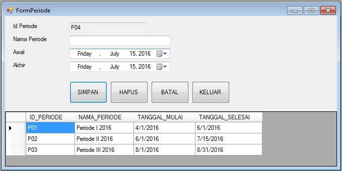 107 Tabel 4.9 Test Case Master Periode Test Case ID 17. 18. Tujuan Input Output Status Memasukkan data master periode Sistem menghandle apabila salah satu texboxt tidak diisi.