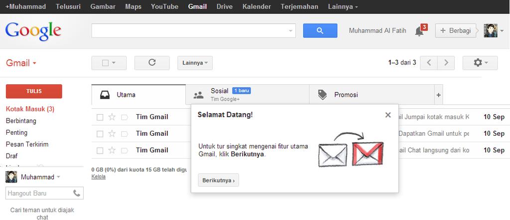 Gambar II -122. Jendela halaman e-mail j. Sampai pada tahap ini akun Gmail Anda sebagai pengguna telah siap untuk digunakan. 3.