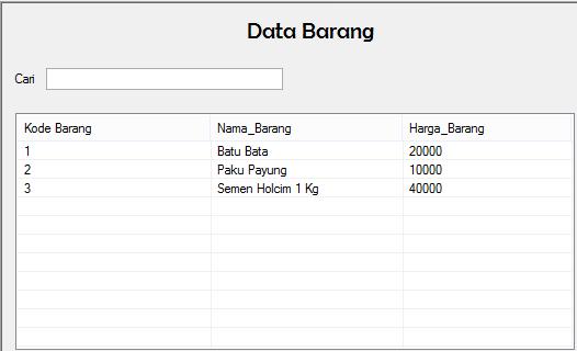 Setelah memilih data pelanggan maka dilanjutkan dengan mengisi textbox dan menekan tombol find untuk melihat data barang, maka akan muncul form data barang seperti pada Gambar 4.