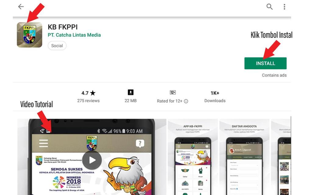 7. Selanjutnya akan tampil menu Aplikasi KB FKPPI Mobile pada google play store seperti ini : 8.