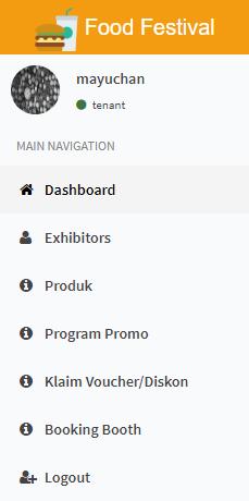 3. Menu Terdapat beberapa menu yang tersedia didalam sistem Jogja Creative Expo seperti pada gambar di samping. Menu-menu yang disediakan adalah : 3.1 Dashboard 3.
