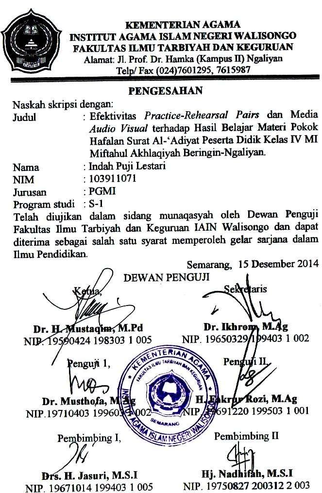 KEMENTERIAN AGAMA INSTITUT AGAMA ISLAM NEGERI WALISONGO FAKULTAS ILMU TARBIYAH DAN KEGURUAN Alamat: Jl. Prof. Dr.
