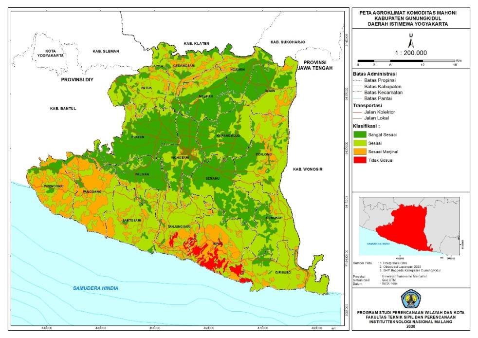Pada Tabel 4 hasil analisis kesesuaian lahan mahoni Kabupaten Gunungkidul menunjukkan persentase luasan lahan yang sangat sesuai yaitu sebesar 34% dan kelas sesuai yaitu sebesar 49% dengan jumlah
