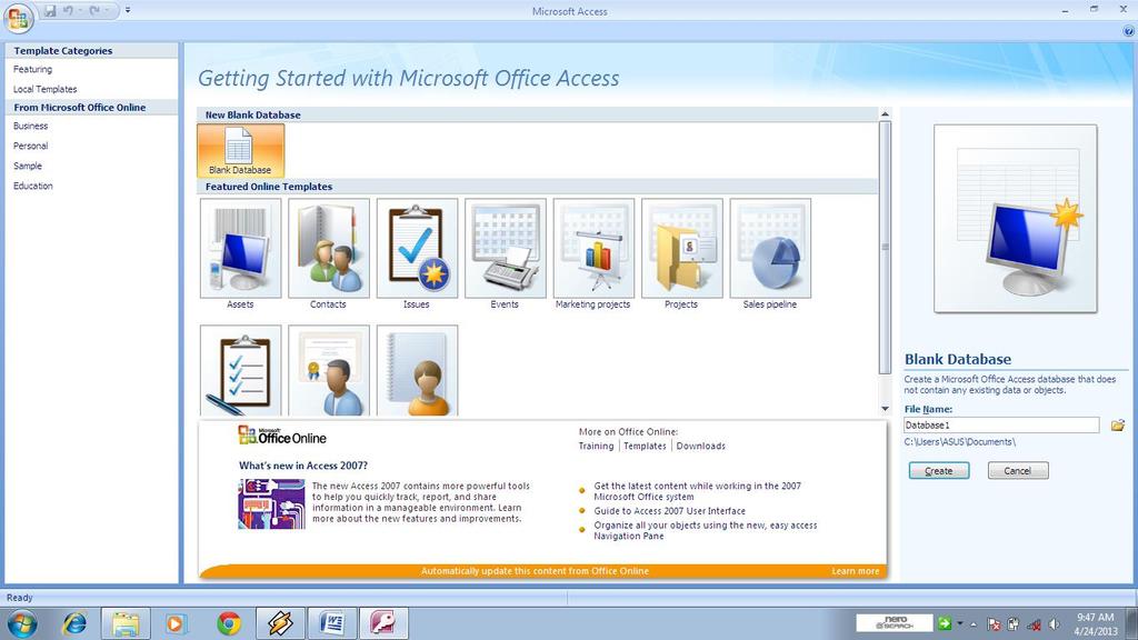 21 Gambar 2.3 Tampilan Interface Microsoft Access 2007 2.