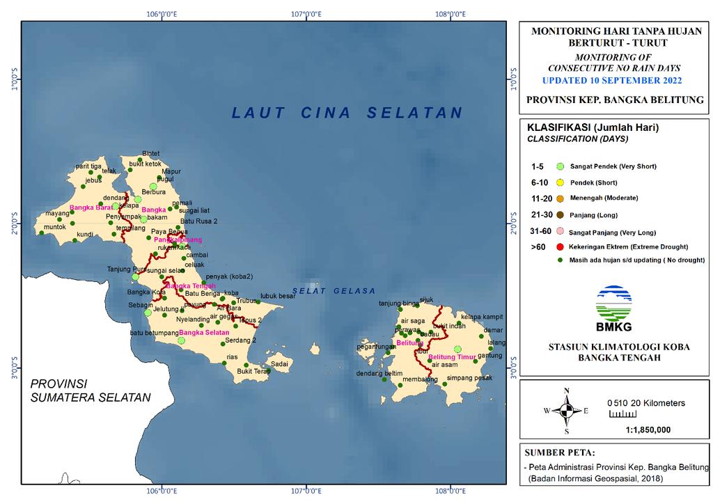 VI. PETA MONITORING HARI TANPA HUJAN BERTURUT- TURUT (UPDATE 10 SEPTEMBER 2022) Berikut adalah monitoring hari tanpa hujan berturut turut, hasil pantauan data pos hujan di wilayah Bangka Belitung :