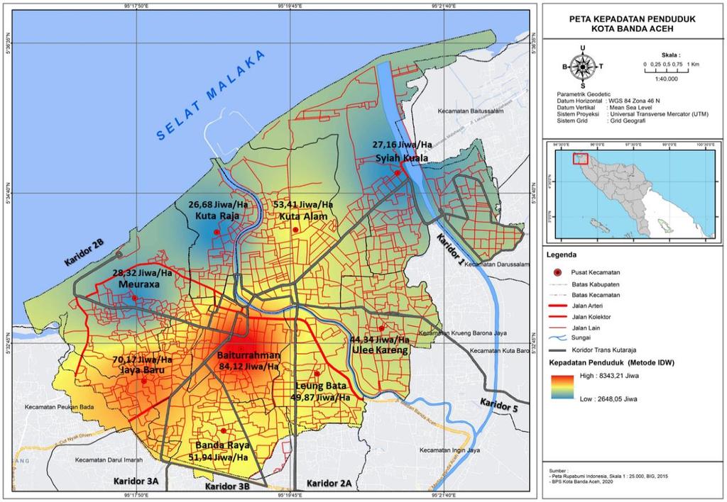 Gambar 3. Peta Kepadatan Penduduk di Kota Banda Aceh Tabel 4. Perhitungan Indeks Luas Wilayah No Kecamatan Luas Wilayah (Km 2 ) Indeks Klasifikasi 1. Meuraxa 7,26 66,73 Sedang 2.