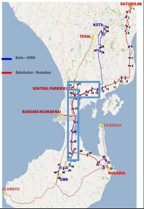 Sumber: Dishub Provinsi Bali Gambar 6. Trayek Transbagita Model pengelolaan sangat mempengaruhi bentuk kontrak yang akan diterapkan dalam pelayanan angkutan umum.