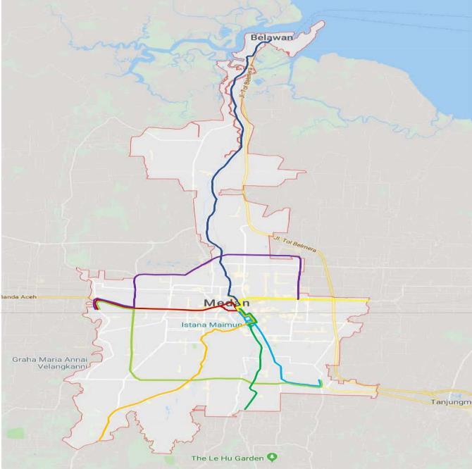 koridor angkutan perkotaan melalui skema BTS yang akan dikembangkan di Kota Medan, maka akan terjadi overlay atau timpangan terhadap rute angkutan umum yang ada.