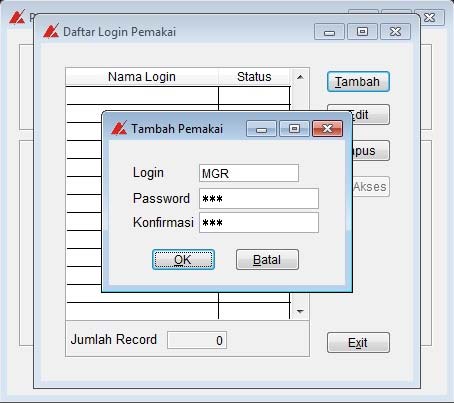 1. Pilih Setting Nama Pemakai Program & Hak Akses Menu untuk membuat daftar nama pemakai program beserta password nya masing masing. Klik tombol Tambah untuk melakukan penambahan nama Login Pemakai.