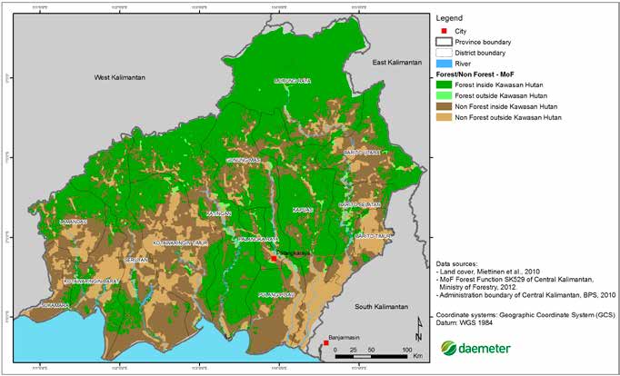 4 Tata Guna Lahan di Kalimantan Tengah Gambar 1: Peta yang menunjukkan lahan berhutan dan tidak berhutan di dalam dan di luar Kawasan Hutan Sumber Daemeter sebagian besar dari lahan tersebut.