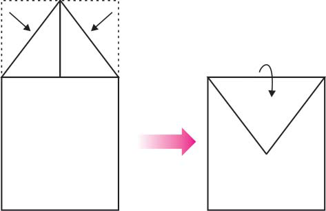 4. Lipat ujung segitiga yang terbentuk sampai bertemu dengan batas kertas bagian bawah tepat di ujung garis lipatan. 5.