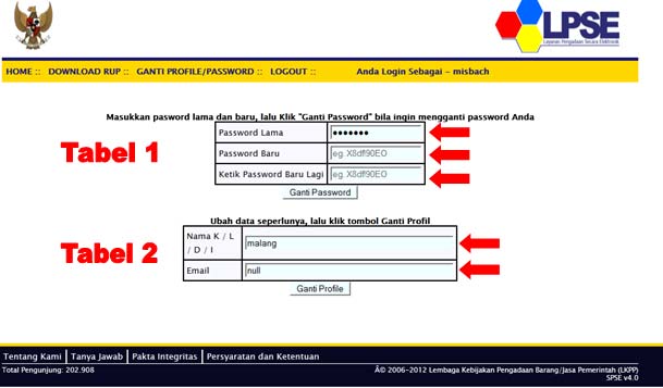 Gambar 5 Mengganti Password / Profile Untuk mengubah Nama K/L/D/I dan email anda bisa ganti field