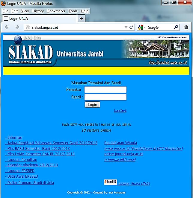 Program Studi 1. Buka browser dan ketik alamat Program Siakad Universitas Jambi : http://siakad.unja.ac.id atau untuk jaringan lokal ketik http://10.