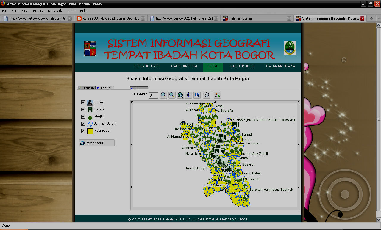Gambar 6 Tampilan Halaman Peta PENUTUP Kesimpulan Dengan SIG Tempat Ibadah di Kota Bogor wisatawan sebagai user aplikasi ini dapat secara mudah memperoleh informasi mengenai letak dan daya tampung