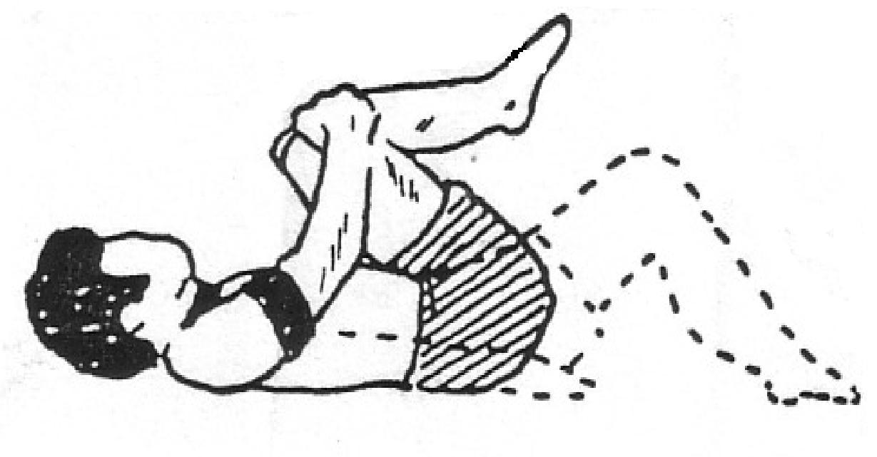 3. Berbaring dilantai, dua lutut dibengkokkan, kaki di atas lantai. Ambil napas dalam dengan rileks.