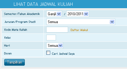 Cari Jadwal Kuliah Sub menu ini digunakan untuk mencari jadwal kuliah yang sudah ada dalam basis data. Tampilan form cari jadwal kuliah seperti gambar di bawah ini.