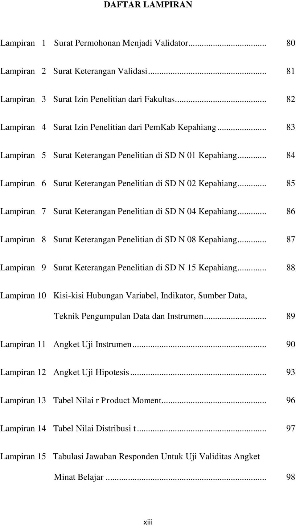 .. 117 Lampiran 21 Nilai Ulangan Bulan April SD Gugus I Kabupaten Kepahiang (Sampel Penelitian).