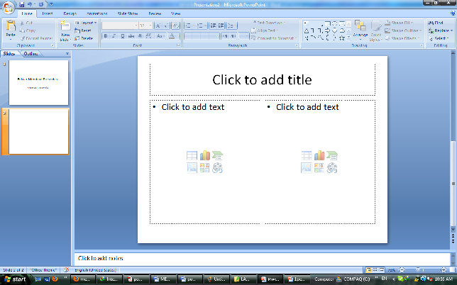 Kemudian di layar monitar akan terlihat slide yang ke dua. Lakukan langkah yang sama untuk menambah slide selanjutnya. Simpan hasil kerja, seperti langkah untuk menyimpan file presentasi.