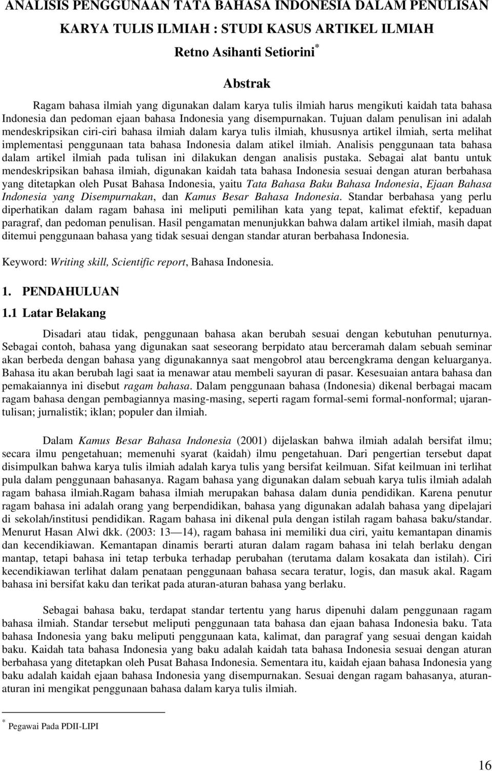 Analisis Penggunaan Tata Bahasa Indonesia Dalam Penulisan Karya Tulis Ilmiah Studi Kasus Artikel Ilmiah Retno Asihanti Setiorini Abstrak Pdf Free Download