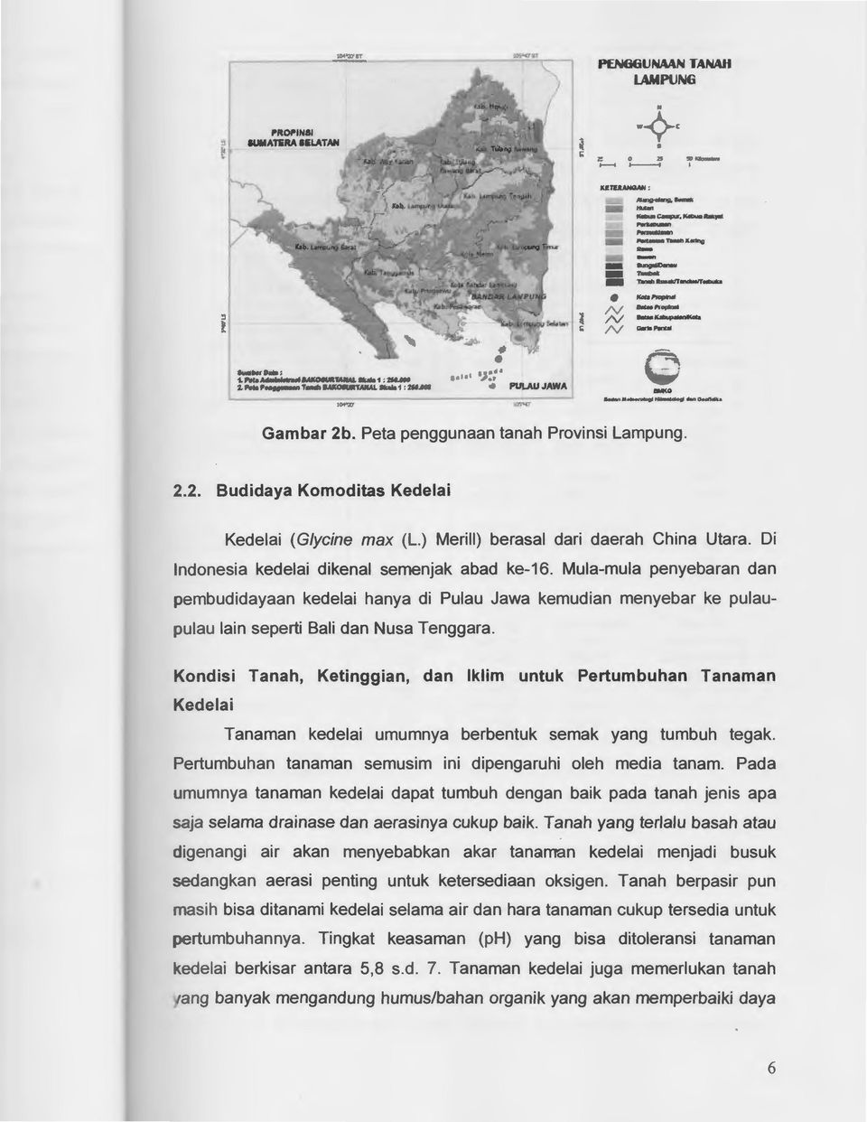 Peta penggunaan tanah Provinsi Lampung. 2.2. Budidaya Komoditas Kedelai Kedelai (Glycine max (L.) Merill) berasal dari daerah China Utara. Di Indonesia kedelai dikenal semenjak abad ke-16.