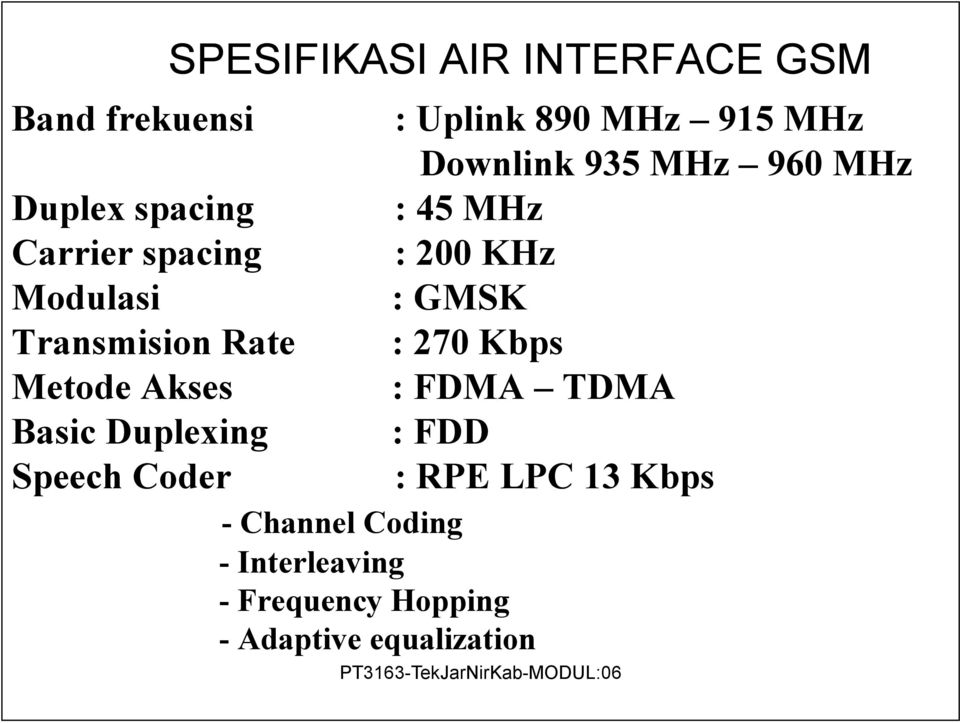Downlink 935 MHz 960 MHz : 45 MHz : 200 KHz : GMSK : 270 Kbps : FDMA TDMA : FDD : RPE