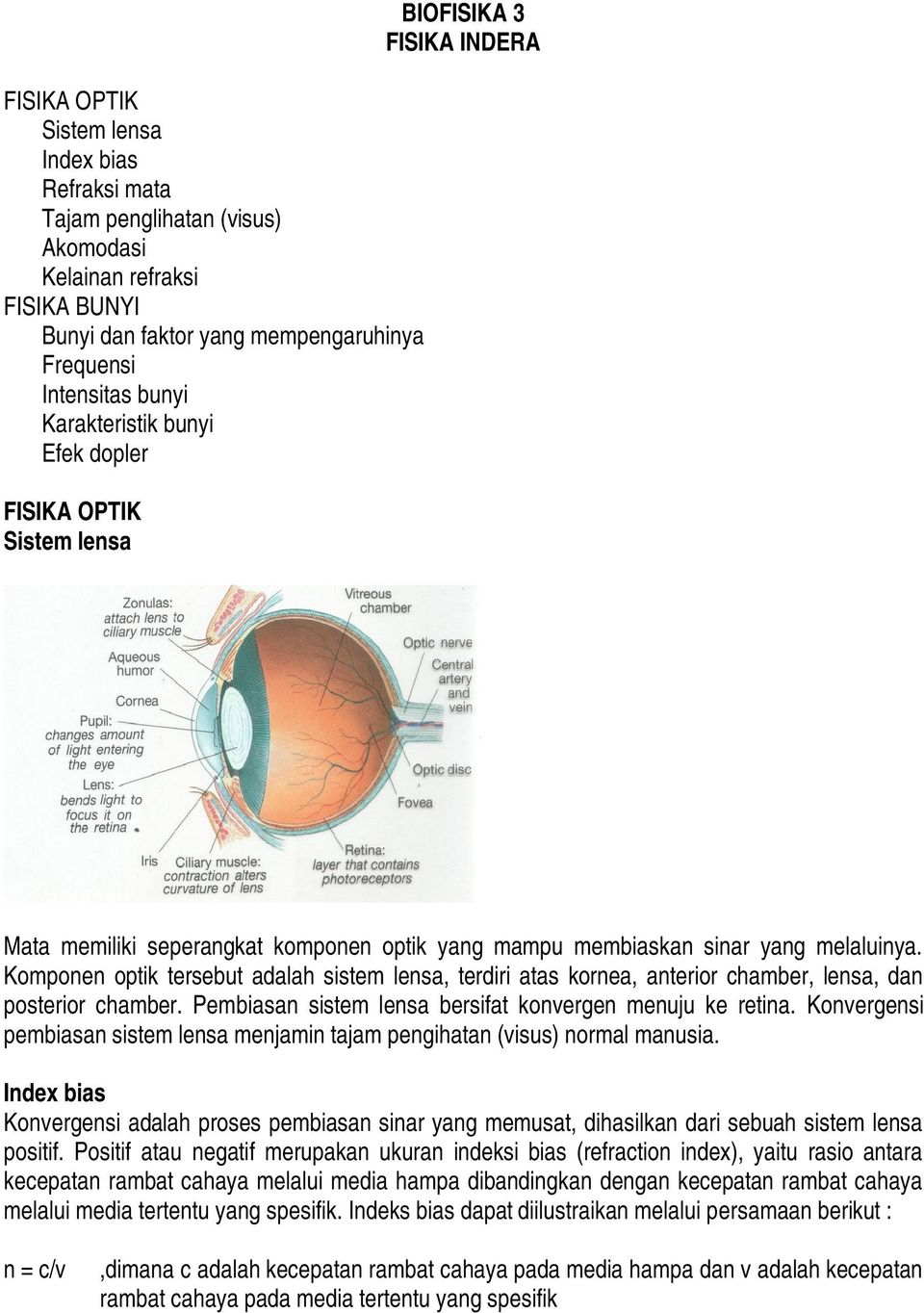 Komponen optik tersebut adalah sistem lensa, terdiri atas kornea, anterior chamber, lensa, dan posterior chamber. Pembiasan sistem lensa bersifat konvergen menuju ke retina.