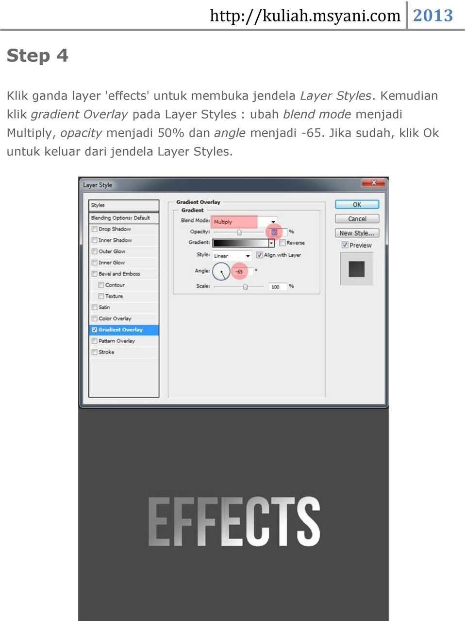 Kemudian klik gradient Overlay pada Layer Styles : ubah blend