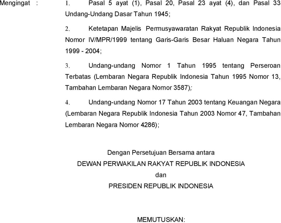 Undang-undang Nomor 1 Tahun 1995 tentang Perseroan Terbatas (Lembaran Negara Republik Indonesia Tahun 1995 Nomor 13, Tambahan Lembaran Negara Nomor 3587); 4.
