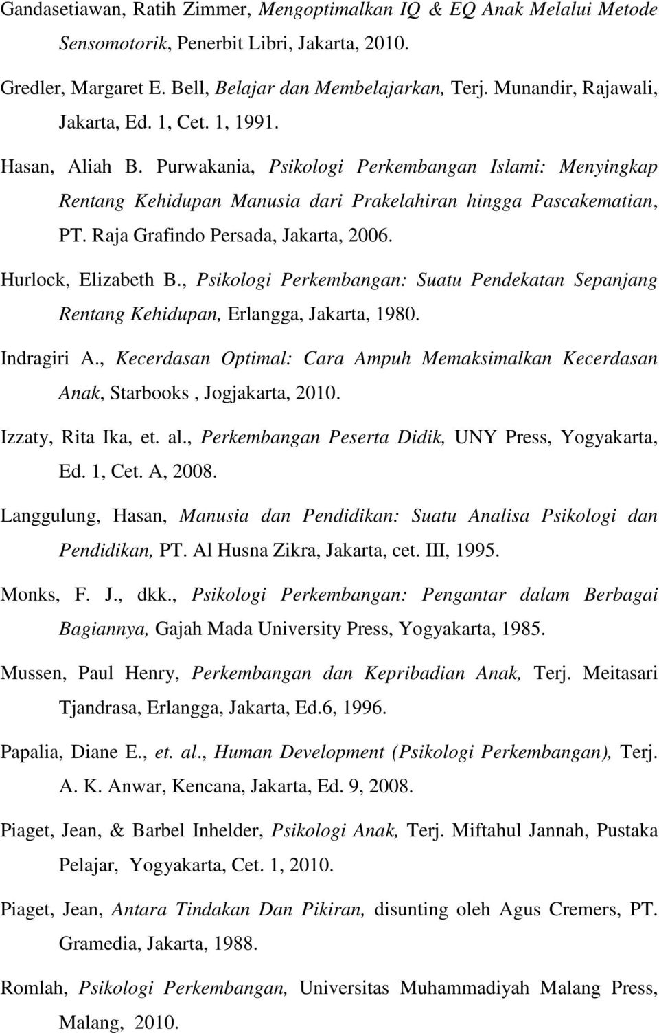 Raja Grafindo Persada, Jakarta, 2006. Hurlock, Elizabeth B., Psikologi Perkembangan: Suatu Pendekatan Sepanjang Rentang Kehidupan, Erlangga, Jakarta, 1980. Indragiri A.