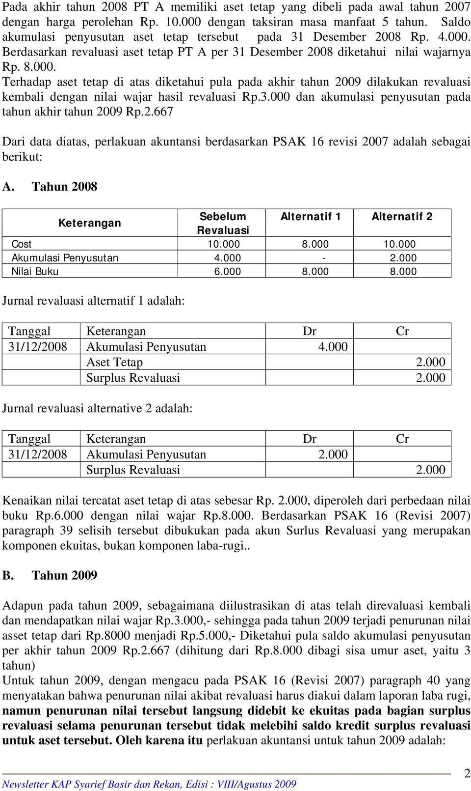 Berdasarkan revaluasi aset tetap PT A per 31 Desember 2008 diketahui nilai wajarnya Rp. 8.000.