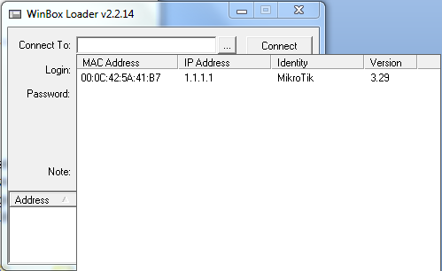 B. Winbox Dengan Winbox ini kita bisa mendeteksi System Mikrotik yang sudah di install asalkan masih dalam satu network, yaitu dengan mendeteksi MAC address dari ethernet yang terpasang di Mikrotik.