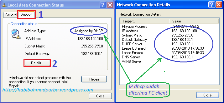 d. Pada tab [General] [Obtain an IP address outomatically] [Obtain DNS server address automatically] [OK] [Close]. e. Selanjutnya masih dari properties Local Area Connection, klik [Support] [Detail].