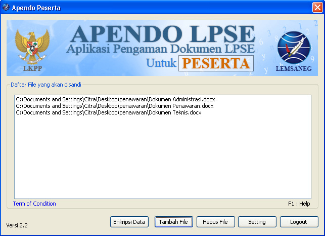Gambar Apendo Peserta - Enkripsi File Lalu Apendo Peserta akan meminta kunci