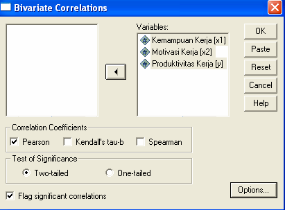 Gambar3. Pilihan bivariate correlations Output dan Interpretasi Korelasi Product Moment X1 X2 Y Pearson Correlation Sig. (2-tailed) N Pearson Correlation Sig.