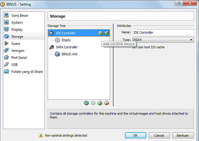Arahkan mouse pada IDE Controller hingga keluar Add CD/DVD Device seperti gambar berikut. Tekan gambar + tersebut.