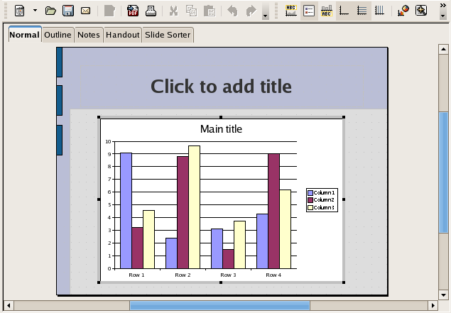 Bab 12 : Spreadsheet dan Diagram Chart Beberapa cara untuk menambahkan diagram ke slide, yaitu : Dari menu Insert Chart Dari toolbar standar, klik Chart kedua cara ini akan langsung menampilkan